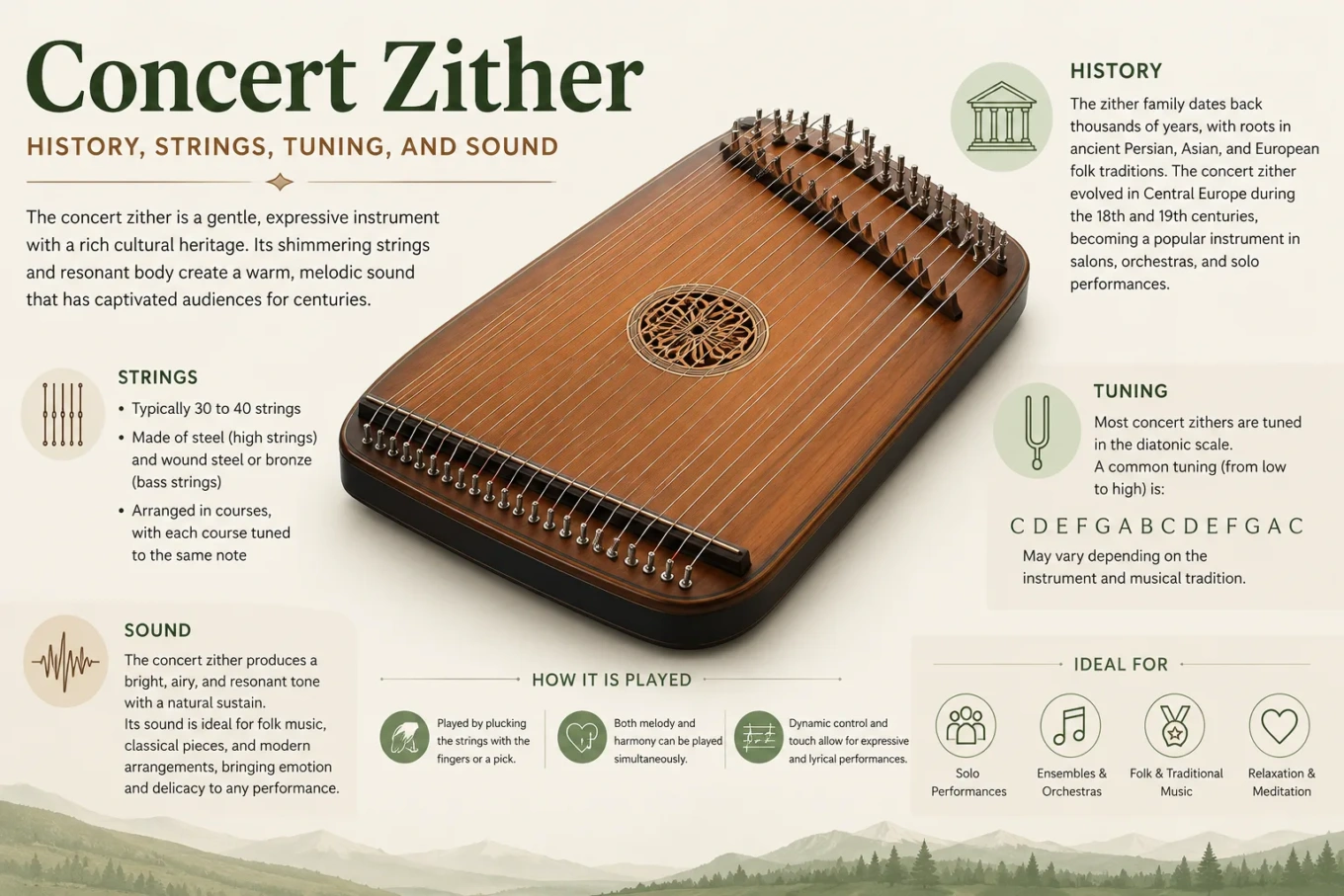 Concert zither resting on a surface with its strings and tuning pegs visible, showcasing the traditional musical instrument used in folk and classical music.