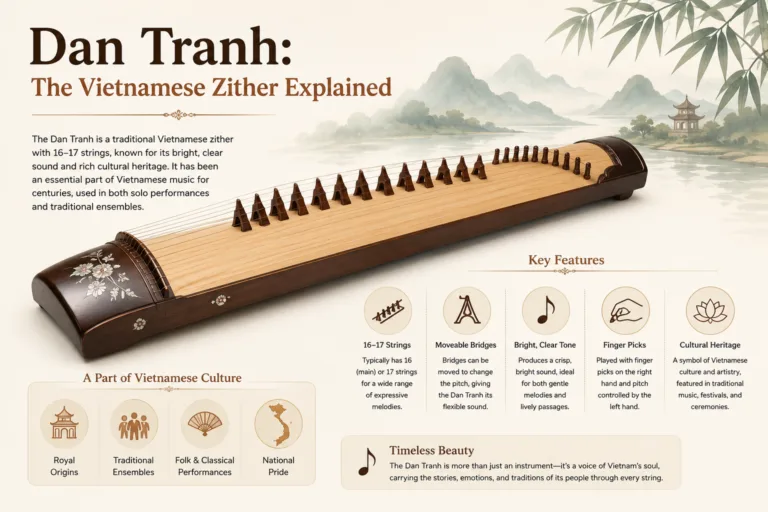 Vietnamese dan tranh zither with strings and tuning pegs, showcasing its unique traditional design and craftsmanship for Asian string music.