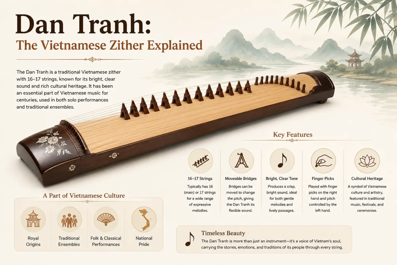Vietnamese dan tranh zither with strings and tuning pegs, showcasing its unique traditional design and craftsmanship for Asian string music.