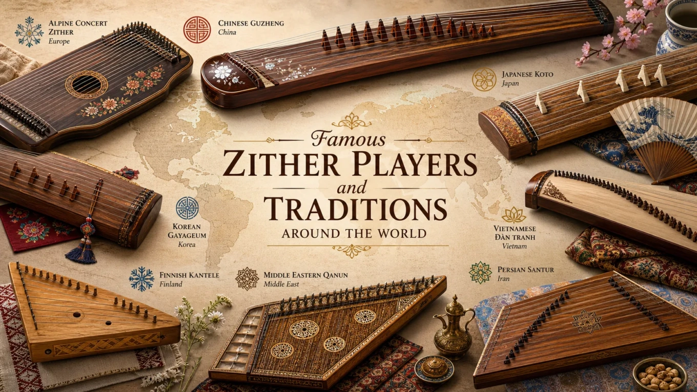Traditional zither instruments from around the world, showcasing the craftsmanship and cultural significance of famous zither players' music.