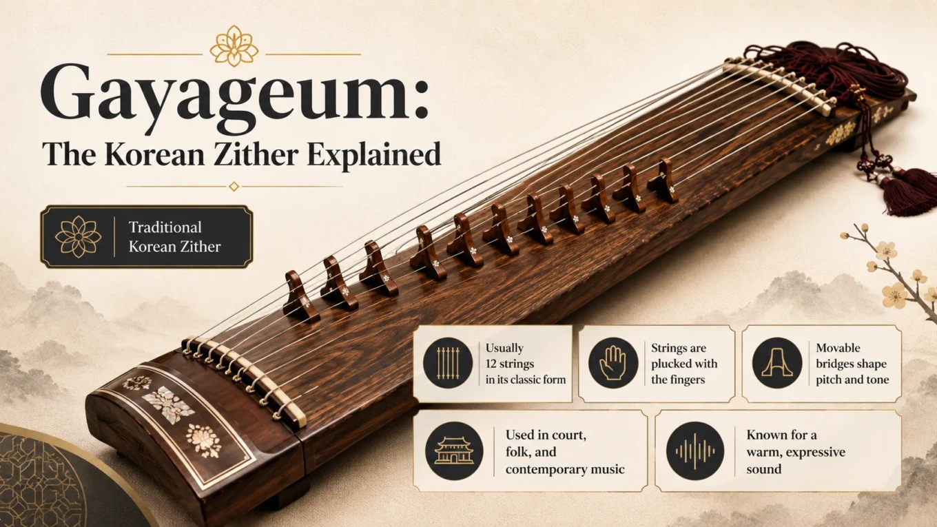 Korean gayageum zither with strings and tuning pegs, showcasing traditional musical craftsmanship in a close-up view.