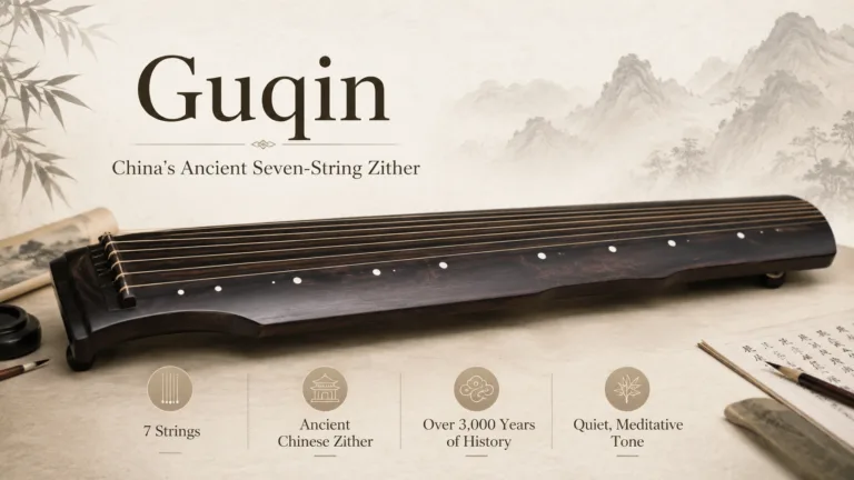 Traditional guqin, China’s ancient seven-string zither, showcasing its delicate wooden craftsmanship and deep cultural significance in musical history.