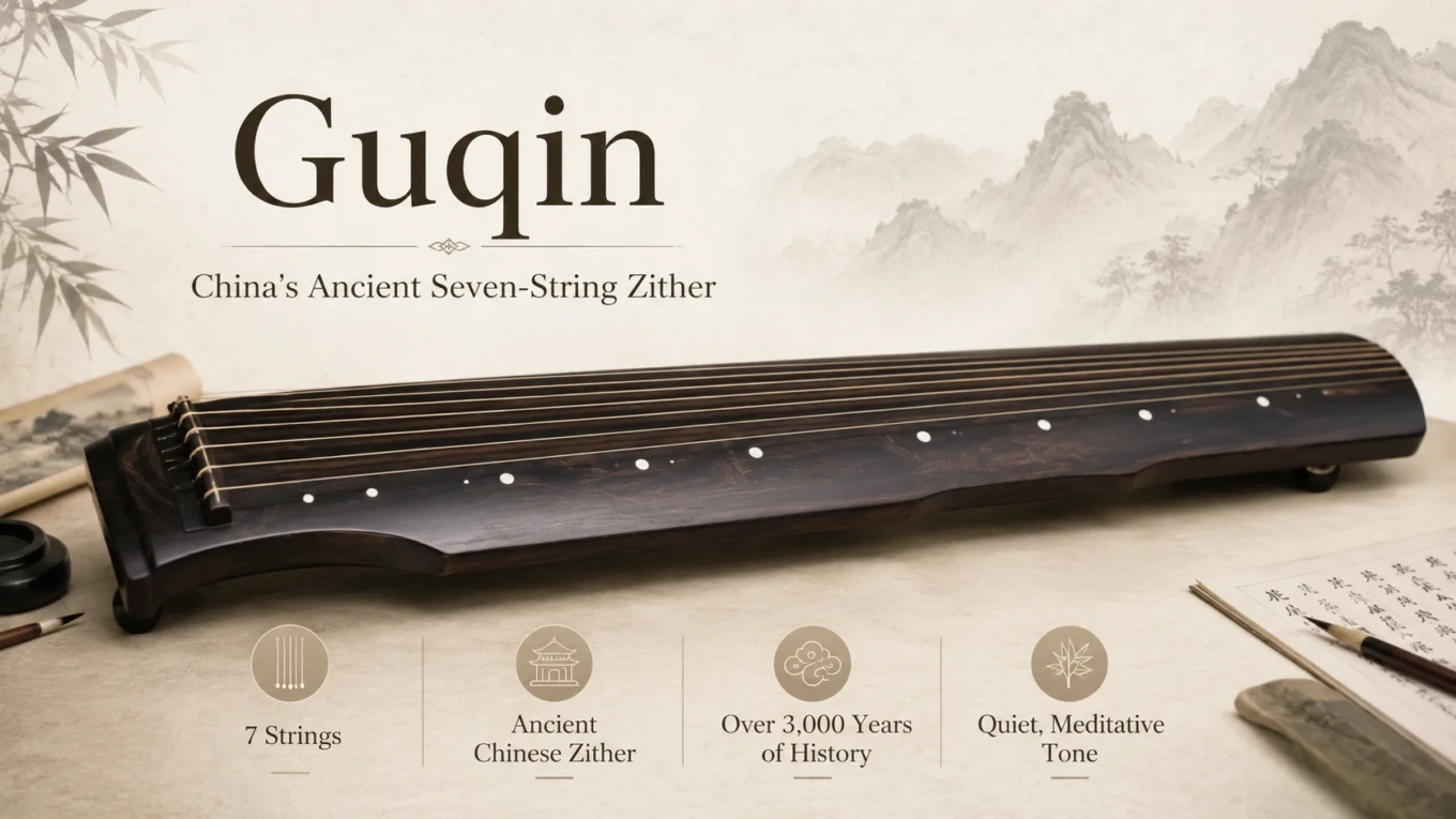 Traditional guqin, China’s ancient seven-string zither, showcasing its delicate wooden craftsmanship and deep cultural significance in musical history.