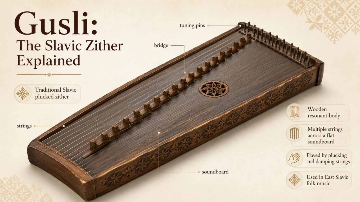 Vintage gusli zither with strings and ornate wooden design, showcasing traditional Slavic musical instrument for authentic folk music sounds.