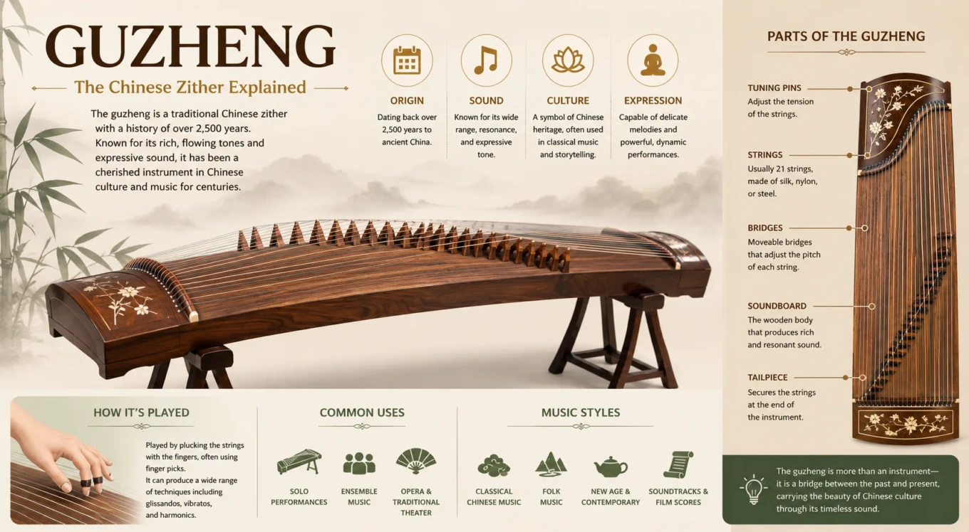 Chinese guzheng zither with wooden strings and ornate design, showcasing a traditional musical instrument used in Chinese classical music.