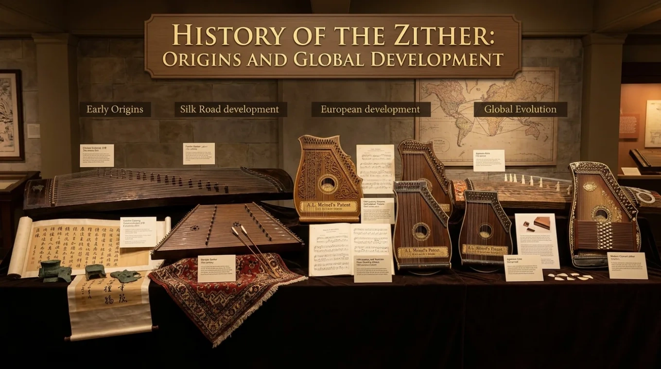 Traditional zither instruments showcased in a display highlighting the history of the zither.