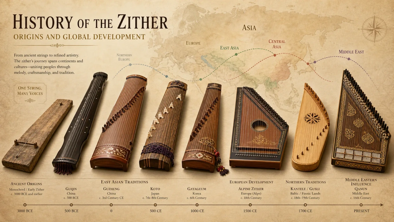 Traditional zither instruments showcasing different styles and designs from the history of the zither around the world.