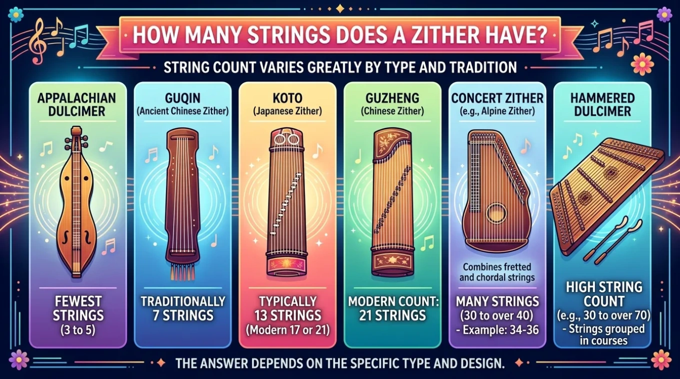 Close-up of various types of zithers showing different string counts and designs used in traditional and modern music settings.