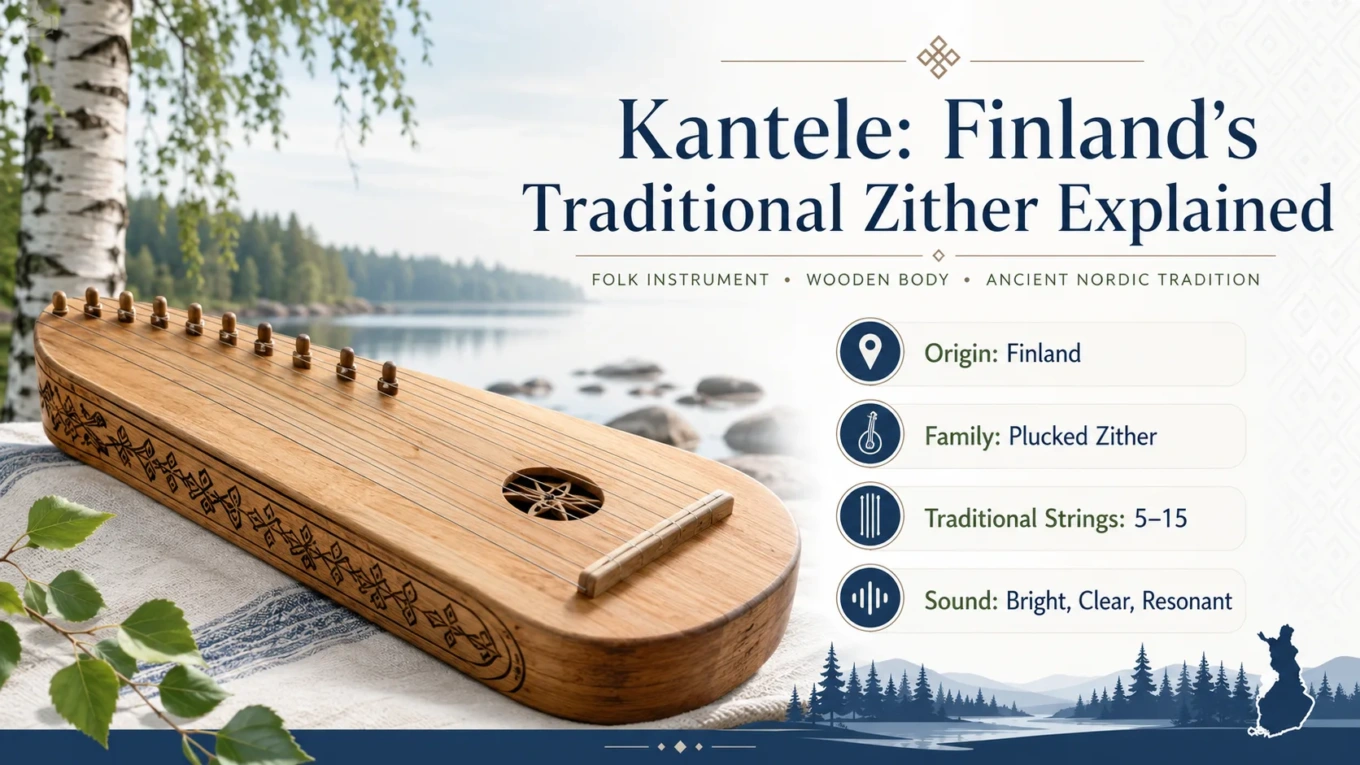 Finnish kantele, a traditional zither, with its wooden body and strings, showcases Finland's rich musical heritage and craftsmanship.