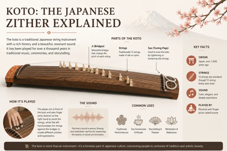 Traditional Japanese koto with 13 strings and ornate design highlights its role in Japanese music and cultural expression.
