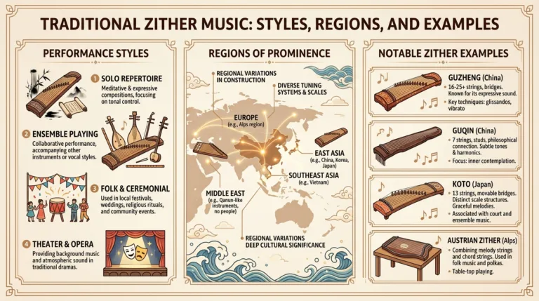 Traditional zither music instruments showcased in various regional styles and cultural examples from around the world.