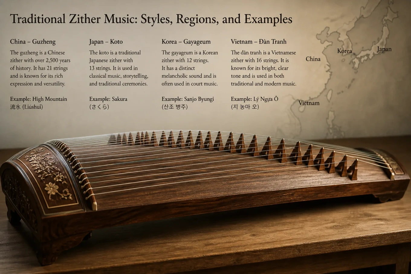 Traditional zither music instrument with strings and movable bridges, showcasing the rich cultural styles and regional influences of this classic folk instrumen…