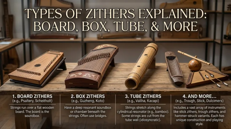 A variety of types of zithers, including board, box, and tube zithers, showcasing different shapes and styles in the realm of zither music instruments.