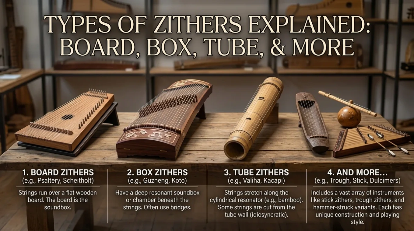 A variety of types of zithers, including board, box, and tube zithers, showcasing different shapes and styles in the realm of zither music instruments.