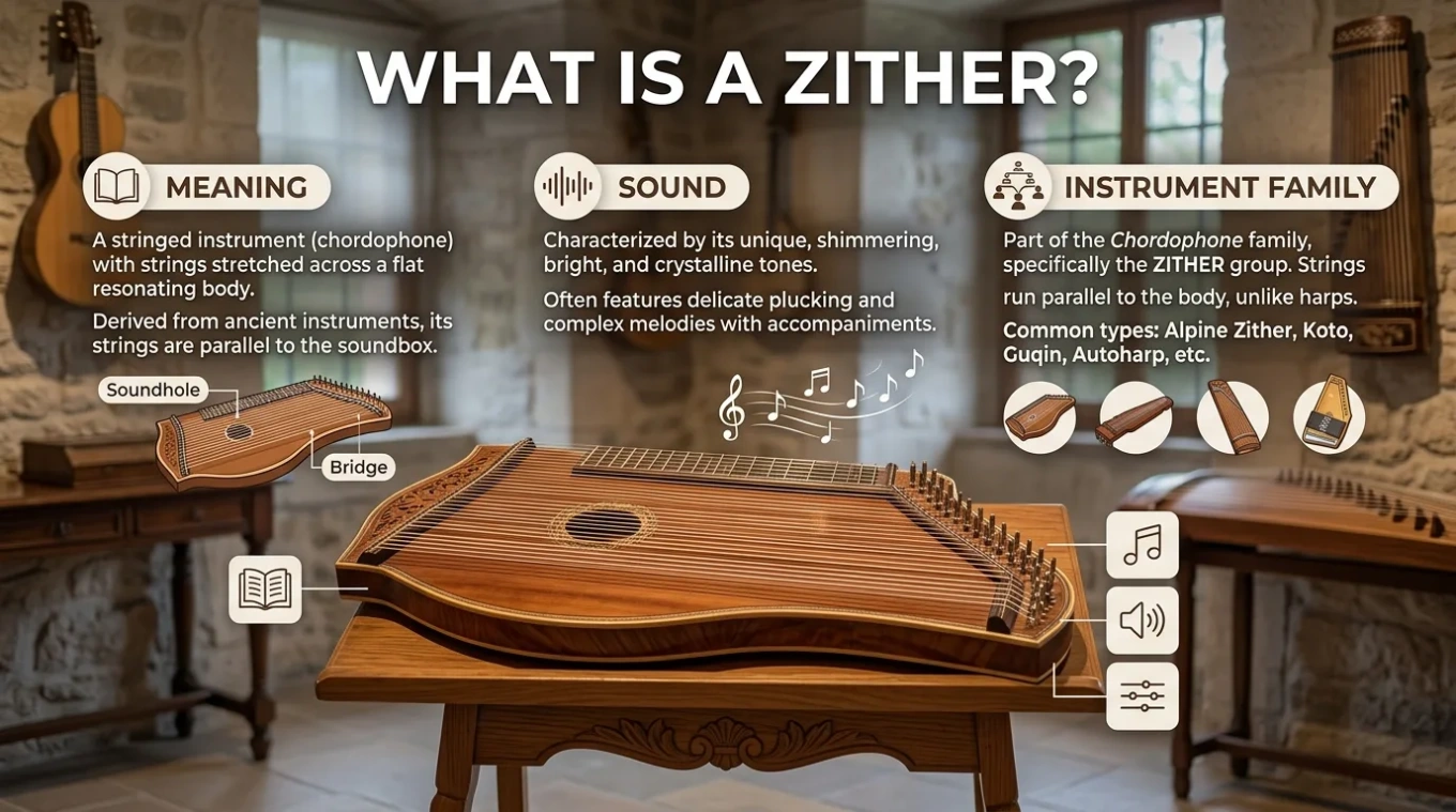 Zither with strings and wooden body, highlighting traditional musical instrument used in folk music for its melodic sound.