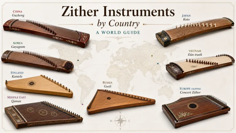Traditional zither instruments from various countries displayed showcasing diverse designs and sizes in a world guide to zither instruments by country.