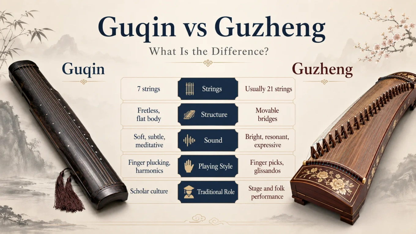 Traditional zither instruments, guqin and guzheng, are essential in Asian music, showcasing distinct designs and playing styles in Chinese musical culture.
