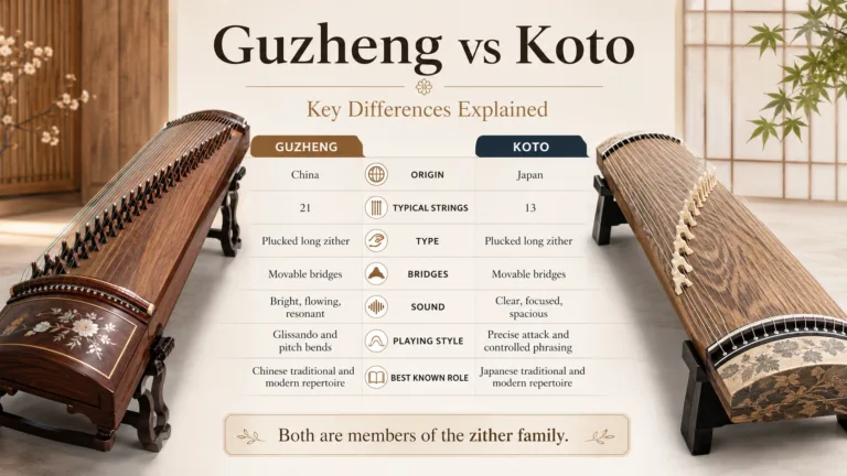 Traditional zither instruments, Guzheng and Koto, are shown side by side highlighting key differences between these iconic Asian stringed instruments.