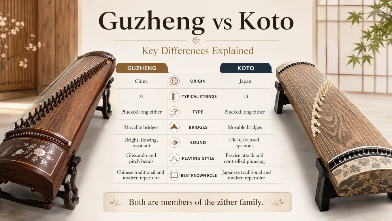 Traditional zither instruments, Guzheng and Koto, are shown side by side highlighting key differences between these iconic Asian stringed instruments.