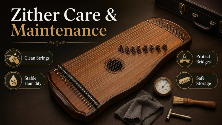 A wooden zither with tuning pegs and strings, showcasing essential care and maintenance tips for preserving this traditional musical instrument.