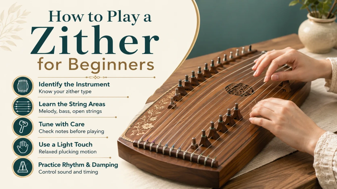 Close-up of a zither, a traditional musical instrument, demonstrating the strings and tuning pegs for beginners learning how to play zither.