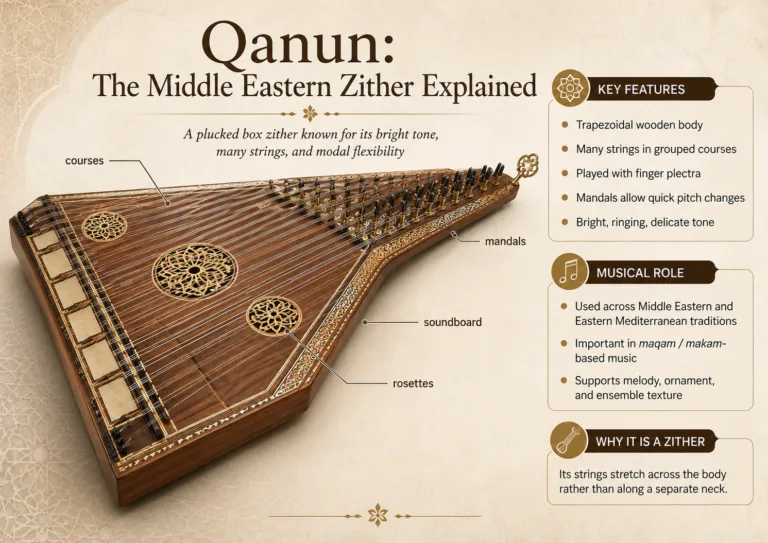 Qanun, a traditional Middle Eastern zither instrument, featuring a wooden body with numerous strings and intricate tuning pegs for melodic sound.