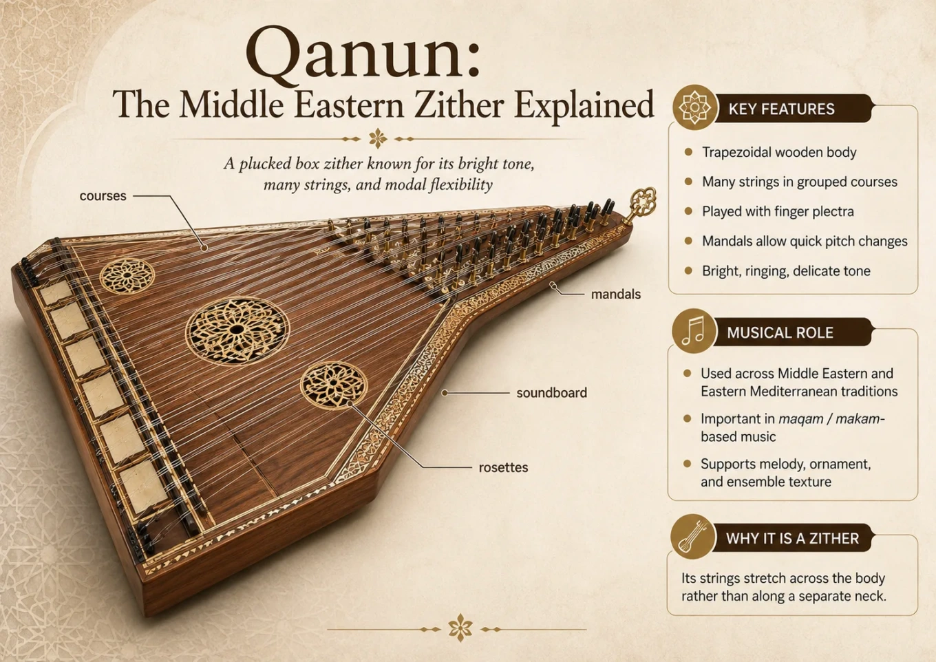 Qanun, a traditional Middle Eastern zither instrument, featuring a wooden body with numerous strings and intricate tuning pegs for melodic sound.