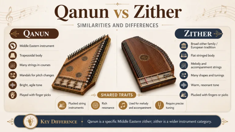 Traditional qanun and zither musical instruments showcased side by side, highlighting their unique shapes and craftsmanship in Middle Eastern string music.