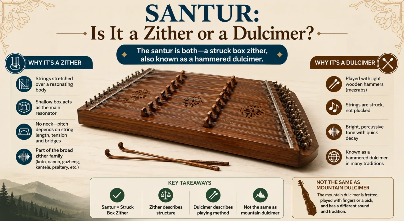 Traditional santur with strings and a wooden frame, showcasing its role as a zither or dulcimer in Middle Eastern music.