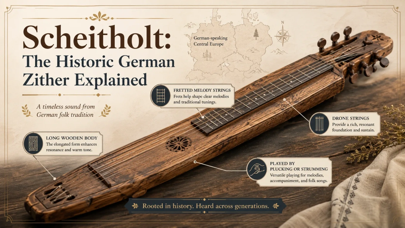 German scheitholt zither with wooden body and strings, showcasing traditional craftsmanship and historic musical design.