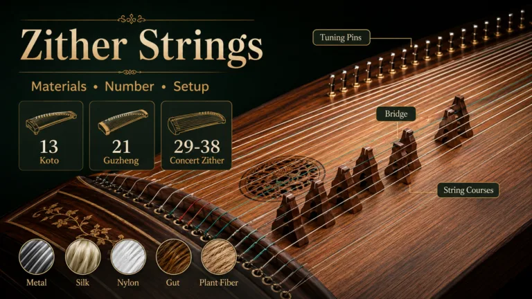 Close-up of zither strings with detailed view of material, number, and setup for enhancing traditional music sounds.