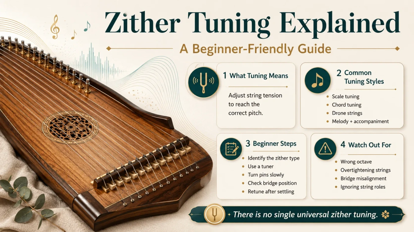 Decorative zither with tuned strings, illustrating the art of zither tuning for beginners in a musical instrument guide.