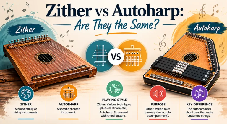Traditional zither showcases string and soundboard, while autoharp features pressed chord bars; both are popular folk instruments in the zither vs autoharp comp…