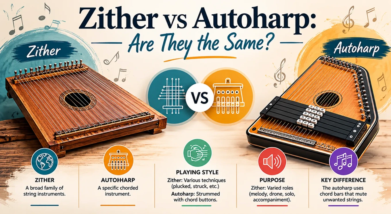 Traditional zither showcases string and soundboard, while autoharp features pressed chord bars; both are popular folk instruments in the zither vs autoharp comp…