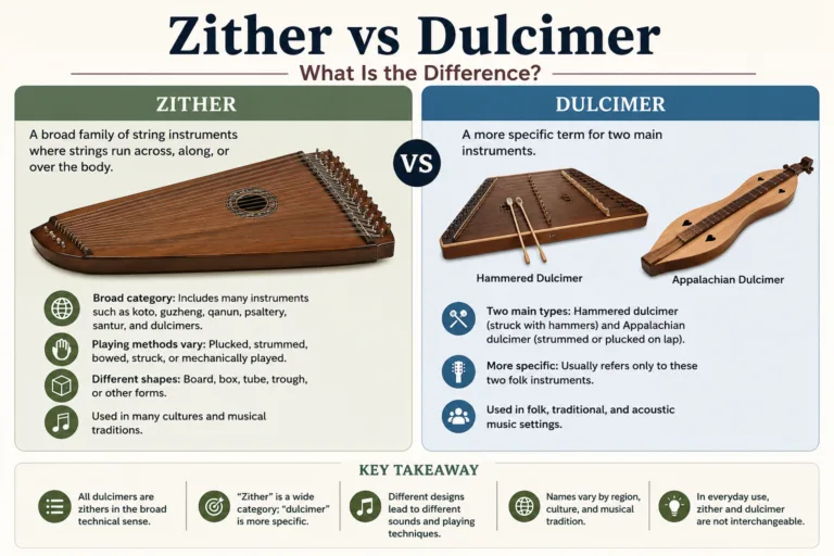 Close-up of a zither and dulcimer showing their unique strings and shapes for comparison in a musical instrument guide about zither vs dulcimer.