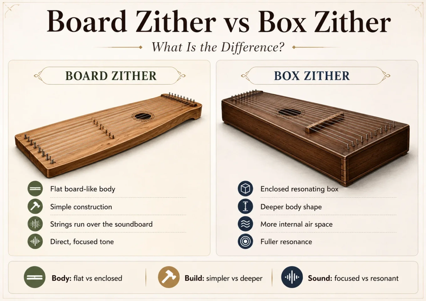 Classic board zither and box zither comparison highlighting differences in design and sound.