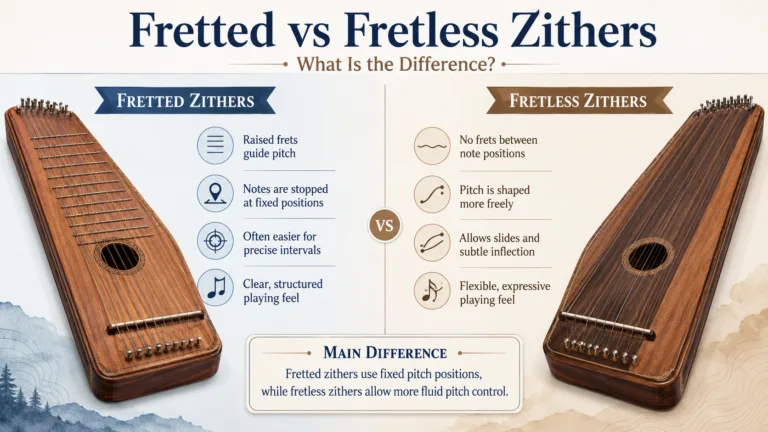 Fretted zither with metal frets and fretless zither showcasing smooth fingerboard, illustrating key differences between fretted and fretless zithers.