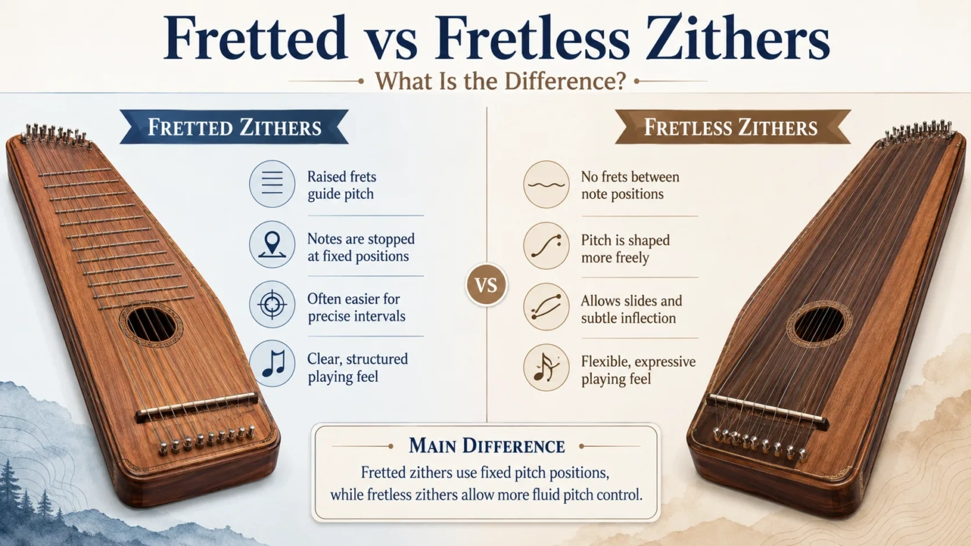 Fretted zither with metal frets and fretless zither showcasing smooth fingerboard, illustrating key differences between fretted and fretless zithers.
