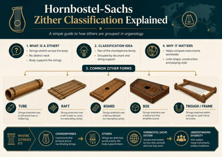 Traditional zither instruments classified under Hornbostel-Sachs system in this detailed diagram.