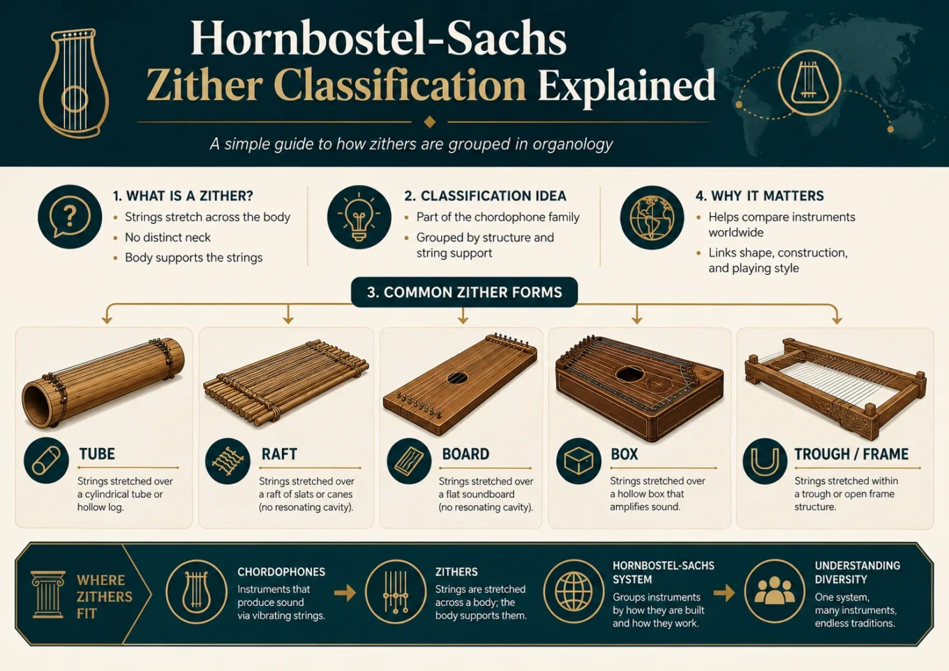 Traditional zither instruments classified under Hornbostel-Sachs system in this detailed diagram.