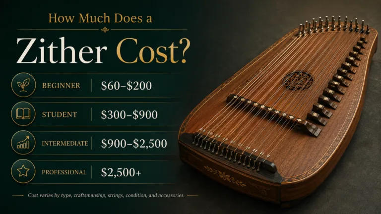 A close-up of a traditional zither instrument used in folk music, with price ranges indicating how much a zither costs.
