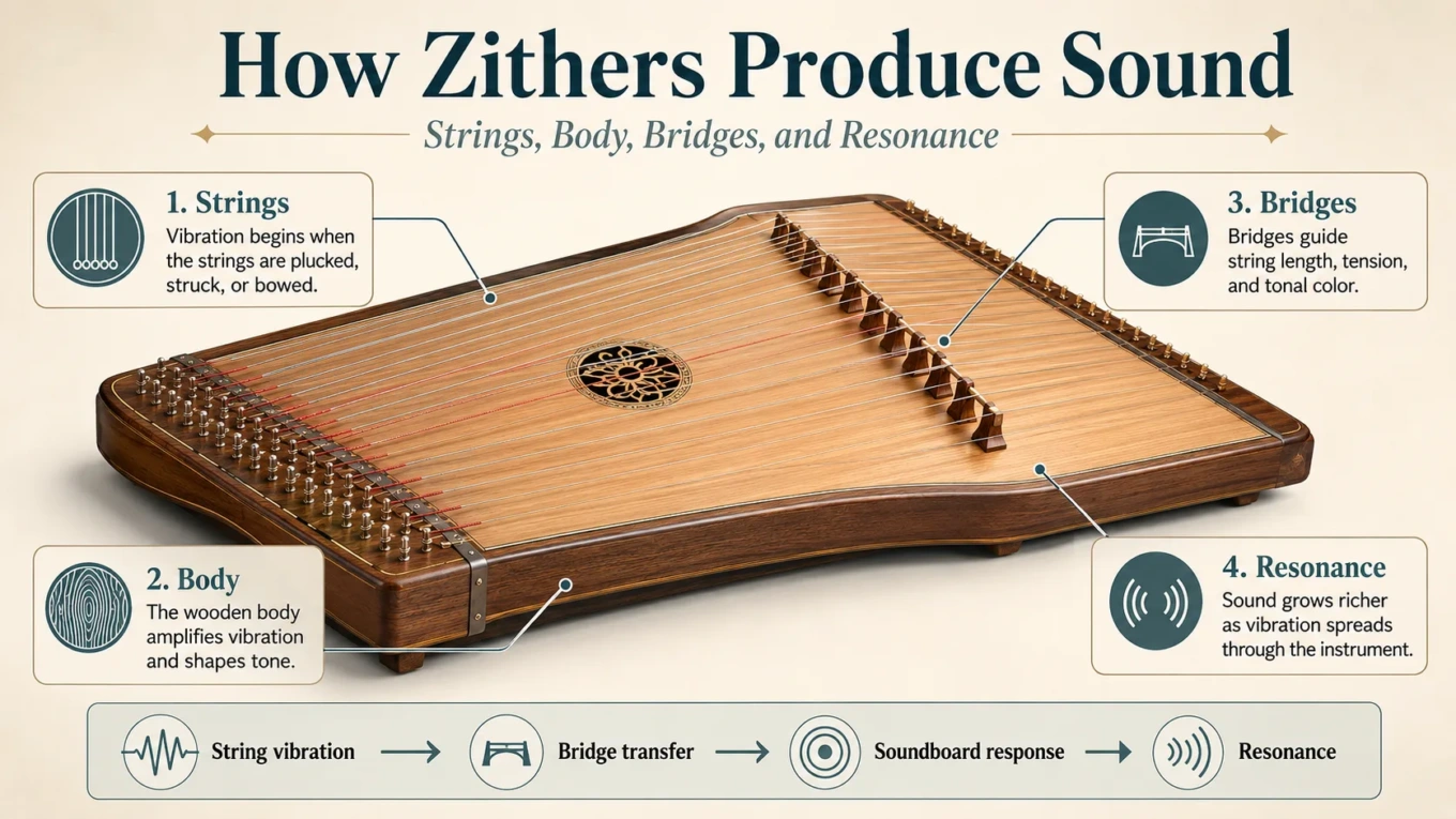 Zither musical instrument with strings, wooden body, and bridges, demonstrating how zithers produce sound through string vibrations and resonance.
