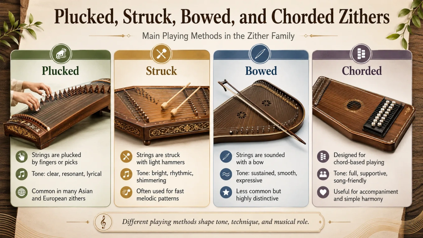 Plucked, struck, bowed, and chorded zithers showcase diverse playing techniques for this traditional string instrument.