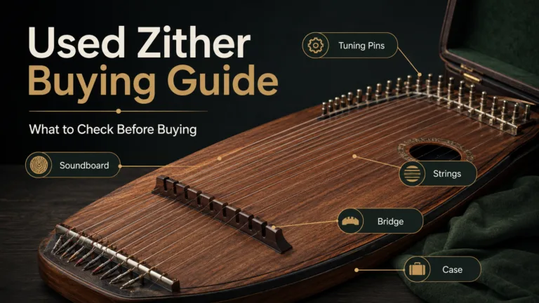 Used zither buying guide shows a traditional musical instrument with strings and tuning pegs, emphasizing key features to check before purchasing a used zither.
