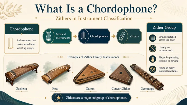 Traditional zither instrument showcasing strings stretched across a flat wooden frame, illustrating a common example of a chordophone.