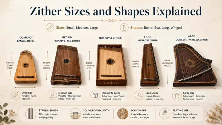 Different zither sizes and shapes used in traditional music to produce varied sounds and tones.