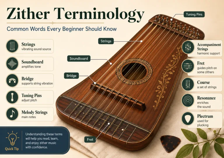 Close-up of a traditional zither with labeled parts, illustrating essential zither terminology for beginners learning about this musical instrument.