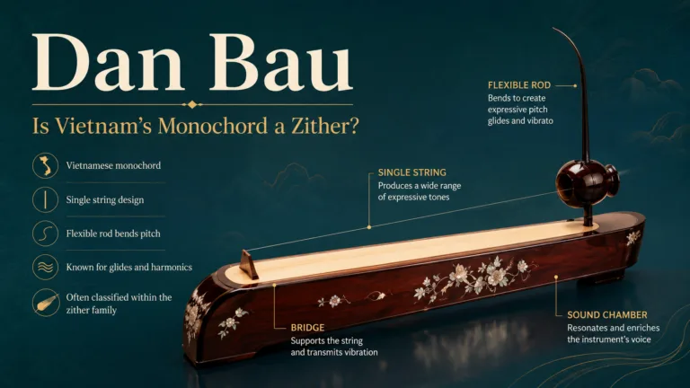 Vietnamese dan bau, a traditional monochord zither, with its sleek wooden body and string setup, showcasing the unique design of this iconic musical instrument.