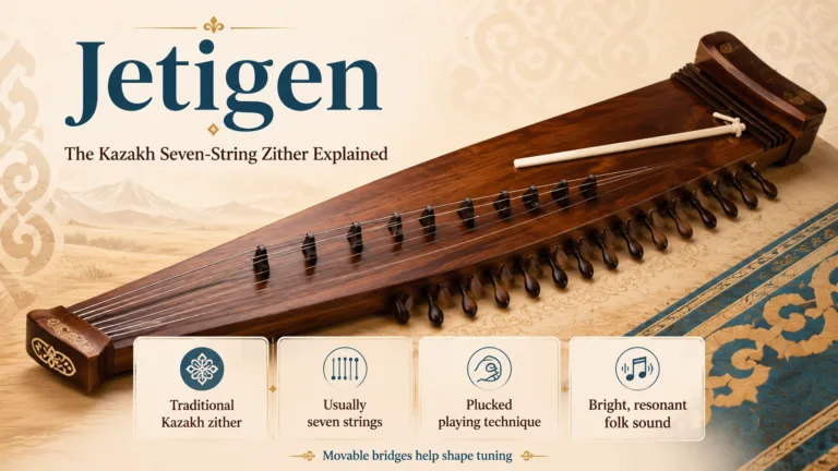 Kazakh jetigen, a traditional seven-string zither, showcasing intricate craftsmanship and unique string arrangement for authentic ethnic sound.