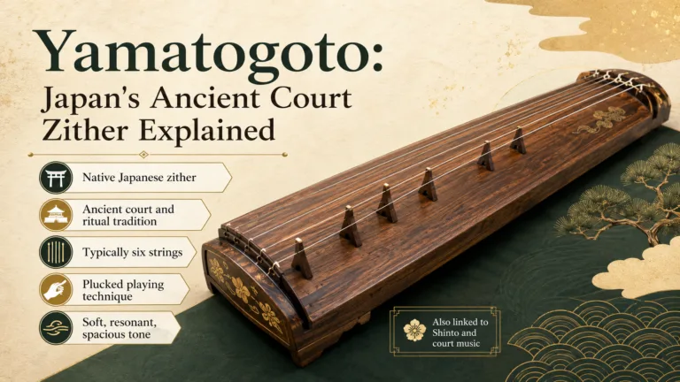 Yamatogoto, an ancient Japanese court zither, showcases traditional craftsmanship with its long wooden body and metal strings used in historical music performan…
